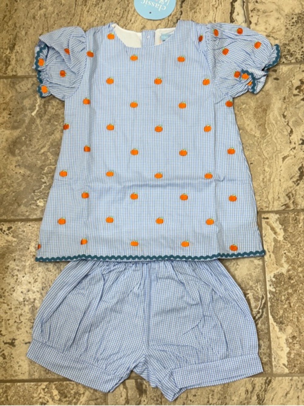 NWT Size 6 Classic Whimsy Blue Gingham Two-Piece Set with Pumpkin Embroidery